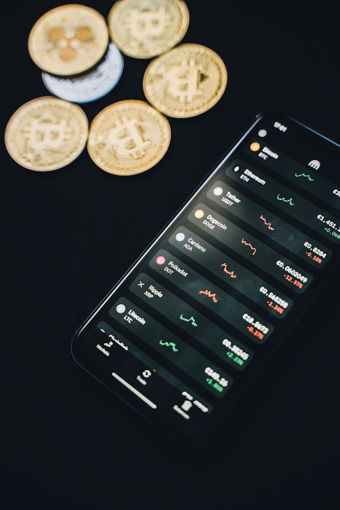From above of modern smartphone with financial data on screen placed on black table near scattered coins